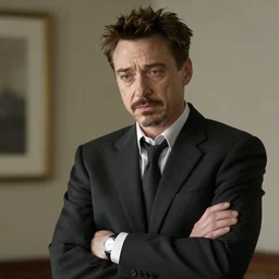 Robert Downey Jr. with a very tired and tired face in a business black suit crossed his arms, standing indoors, background blurred, focus in the foreground, realism, details,