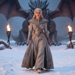 portrait of muscled Emilia Clarke as Daenerys Targaryen walking through deep snow wearing warm wooly clothing, winter scene, fantasy, fireflies, torch light, dragons in background, intricate, elegant, highly detailed, centered, smooth, sharp focus, Donato Giancola, Joseph Christian Leyendecker, WLOP, Boris Vallejo, Artgerm