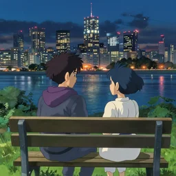 two teens sitting on a park bench, man with a purple hood, pretty girl with blue hair, looking at the neo - tokyo skyline across the river, at night, in the style of studio ghibli, ilya kuvshinov