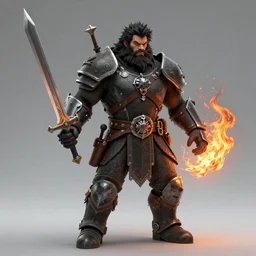 strong young man, photorealistic bugbear ranger holding sword, fire magic, black beard, dungeons and dragons, pathfinder, roleplaying game art, hunters gear, jeweled ornate leather and steel armour, concept art, character design on white background, by sargent, norman rockwell, makoto shinkai, kim jung giu, artstation trending, poster art, colours red and green
