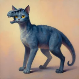 painting of hybrid cat! and ( ( ( ( trex ) ) ) ) fused together, intercrossed animal, by zdzislaw beksinski, by lewis jones, by mattias adolfsson, cold hue's, warm tone gradient background, concept art, digital painting