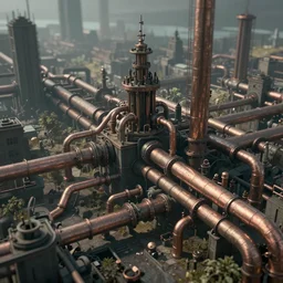 an elaborate penned illustration of a apocalyptic intricate connected city of tubes and pipes, muted colors, copper pipers, by jan van haasteren and jheronimus bosch, unreal engine, physically based rendering, ariel view, tilt - shift, grim, moody, shiny, reflective, cinematic