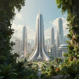 a futuristic city surrounded by trees and plants, a digital rendering by buckminster fuller, cgsociety, retrofuturism, futuristic, sci - fi, concept art