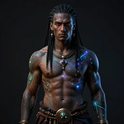 masterpiece portrait of a dark shaman with luminescent tattoos wearing a cosmic armor, au naturel, hyper detailed, digital art, trending in artstation, cinematic lighting, studio quality, smooth render, unreal engine 5 rendered, octane rendered, art style by klimt and nixeu and ian sprigger and wlop and krenz cushart and kim jung gi and greg rutkowski