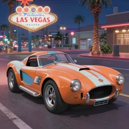 a wholesome animation key shot of!! one!! focused!! ac cobra in gulf colors!!, in a las vegas street, medium shot, studio ghibli, ( pixar ) and disney animation, sharp, very detailed, high resolution, rendered in unreal engine 5, anime key art by greg rutkowski, bloom, dramatic lighting
