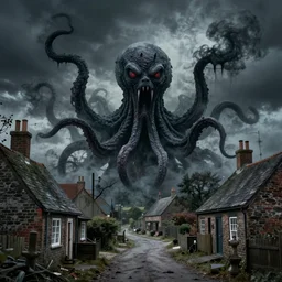 black eldritch smoke and tentacle monsters in 1 9 8 0's english village