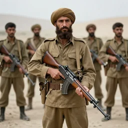 handsome, brown - bearded far - future afghan resistance fighter with small turban carrying slender laser rifle with bayonet by greg rutkowski, deak ferrand, anato finnstark, and rembrandt