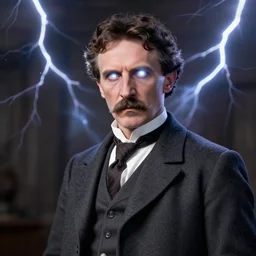 nicolas tesla with thunderbolts around him and glowing white eyes, photorealistic, 4 k, ultra detailed
