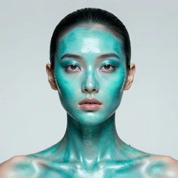 fashion model with head and face covered in teal liquid, realistic, symmetrical, studio lighting, ultra detail, photograph