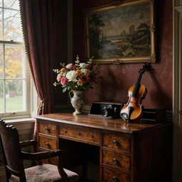 an old wooden desk with a flower vase and a violin, in a richly decorated Victorian house. the autumn light comes in through a window and dimly illuminates the room, softened diffuse light, photorealism, photo taken using a canon EOS 5D and 35 mm lens