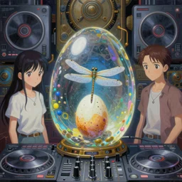 surreal gouache painting, by yoshitaka amano, by ruan jia, by Conrad roset, by good smile company, detailed anime 3d render of big transparent resin stone  in the center of the screen  with a  magical dragonfly inside.  dragonfly inside an egg,  egg on the mixer, Surrounded by a big DJ Mixer, Controller deck,  portrait, cgsociety, artstation, rococo mechanical and Digital  and electronic, dieselpunk atmosphere