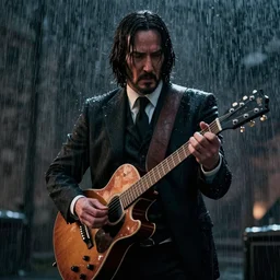 john wick playing a guitar in the rain photorealistic realistic dramatic cinematic photography