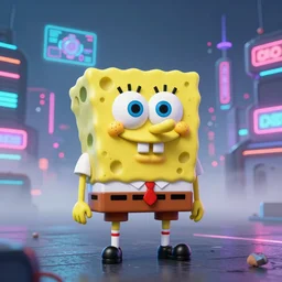 Portrait of Spongebob Squarepants in a busy neon cyberpunk city at night with fog, neon signs, corporate holograms, extreme long shot. Spongebob Squarepants in Toy Story 2, at the hospital in patient gown, scrubs, syringes, Intravenous Cannulation Periprocedural Care, marijuana greenery, trending on cgsociety and unreal engine, light effect, highly detailed, super wide angle, full f/22, award winning photo, hyperrealistic, smooth textures. The Krusty Krab.