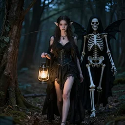 a photo of beautiful woman elf walks in night forest holding lantern in hands, hunted by dark fairy demon ghost of death black skeleton in cloak hood, perfect faces, 5 0 mm
