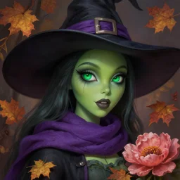 cute witch with green skin wearing a purple scarf and black witch hat, intricate, autumn leaves and strong bloom, bright green eyes, volumetric lighting, sharp focus, photorealism, digital painting, highly detailed, concept art, by artgerm and wlop