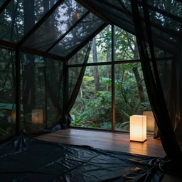 interior photo of a crystalline glass house with translucent black mesh tarps, forest in the background, light coming through the window, light box, moody atmosphere by annie lebovitz
