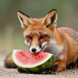 a photograph of a fox eating watermelon, soft focus, studio lighting