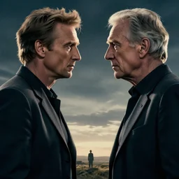 side view of liam neeson facing patrick stewart, sci - fi movie poster