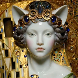 face centered portrait, artwork by james jean, hyperdetailed realistic smooth polished porcelain, beautiful cat queen, jean delville, art nouveau, gustav klimt, ornate metal gothic icon with heavy patina, james jean, ultrasharp hyperdetailed photorealistic octane render