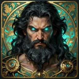 angry god zeus, wavy black hair, bushy beard, glowing eyes, volumetric lights, cyan and gold scheme, art nouveau botanicals, gothic, intricate, highly detailed, digital painting, artstation, concept art, smooth, sharp focus, symmetric face, illustration, steampunk, art by artgerm and greg rutkowski and alphonse mucha