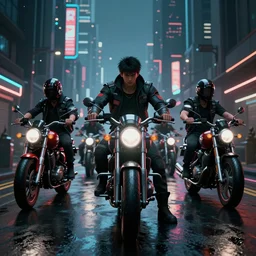 concept art of a cyberpunk bike gang moving towards the camera on wet cyberpunk city streets at night cyberart in the style of liam wong in the film akira rendered in octane, 3 d render, trending on cgsociety, blender 3 d, displacement mapped, 8 k