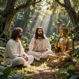 Jesus, Mahomet and Buddha discussing in Eden's Garden, Beeple and CGSociety
