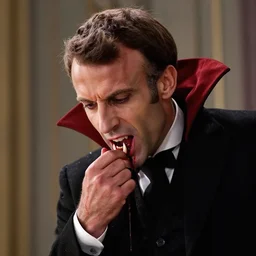 secret footage of emmanuel macron as dracula thirst for blood, long canines, vampire, eerie, cinematic, movie still, fantasy, natural light, blood, sharp focus, vivid colors, natural light