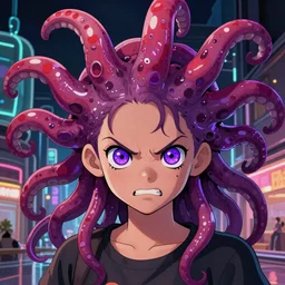 artstation young teen with purple eyes and tentacles on her head in fury, very detailed, in glass town, portrait, high contrast, vibrant, realism