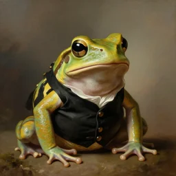a portrait painting of an anthropomorphic amazon milk frog wearing a black waistcoat, an american romanticism painting by john trumbull, a portrait painting, cgsociety, soft focus