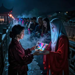 中 元 节, 中 国 鬼 节, the long procession of the dead is queuing up on the naihe bridge. mother meng handed the nearest female ghost in red a night's worry free soup, inside page of comic book, psychedelic lights and fog, in the style of zdzislaw beksinski, ayami kojima, takato yamamoto, barclay shaw, karol bak, glowing light and shadow, hyperrealist, 8 k