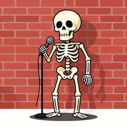 a funny skeleton doing stand up comedy show with microphone, red brick background, spotlight, smoky atmosphere, digital illustration, digital art