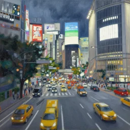 an edward hopper style painting of a busy road in tokyo shibuya, storm