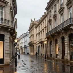 street of a classical buildings in a rainy day with bright lights, photo by Fernando Guerra, hyper realistic, ultra details, 4k,