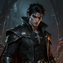 A fantasy comic book style portrait painting of a charismatic male Dhampir The half-living vampiric progenies of horror. , unreal 5, DAZ, hyperrealistic, octane render, RPG portrait, ambient light, dynamic lighting