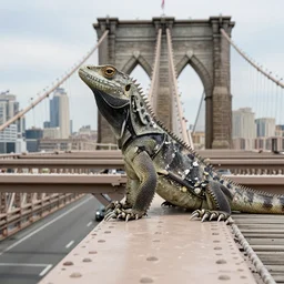 photo of giant lizard on the Brooklyn Bridge, 50mm, beautiful photo