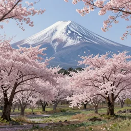 a real photographic landscape painting with incomparable reality, wide angle, in forest, flowers, cherry blossom tree in full bloom, bright style, mount fuji, clearing, 8 k, magnificent, artstation