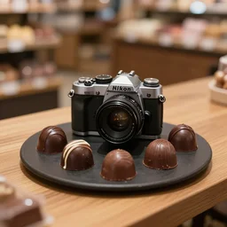 5 5 mm photo camera from above, of freshly milk french roast chocolate dark chocolate by phillip ashley on a black plat on a wooden table in a candy store. dof. bokeh. magical atmosphere. art by greg rutkowski. highly detailed 8 k. intricate. lifelike. soft light. nikon d 8 5 0.