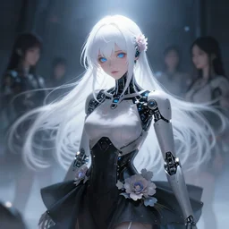 cyborg girl with white hair and black skirt, flower decorations, dreamy, beautiful illustration, scifi, atmosphere, top lighting, blue eyes, focused, perfect composition, artstation, highly detailed, art by yuhong ding and chengwei pan and serafleur and ina wong