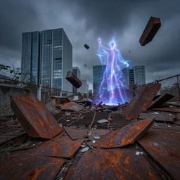 panoramic photograph, long exposure, modern city ruins, oveergrown, dramatic lighting, rust, cracks, debris, floating rubble, wizard with force field