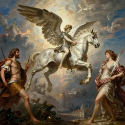 Bellerophon riding Pegasus and slaying the Chimera, by Rolf Armstrong and Evelyn De Morgan and Bastien Lecouffe-Deharme, dramatic lighting, high contrast colors, baroque, empyrean, panoramic view, as trending on Artstation, highly detailed, doom engine,