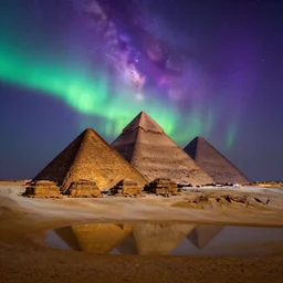 an establishing shot of the pyramids of giza, at night time, reflecting pool, milky way, strong aurora overhead, northern lights, purple and green, anamorphic, cinestill colour cinematography