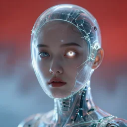 closeup portrait of a transparent beautiful cyborg girl angroid, shattered glass visor, glowing iris, cinematic light, backlight glow, red sky blue, mist, by mikhail vrubel, by philippe druillet, by peter elson, by gerald brom, muted colors, extreme detail, trending on artstation, 8 k