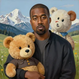 A renaissance painting of Kanye West with a anthropomorphic Teddy Bear mascot, portrait, Wyoming in background,