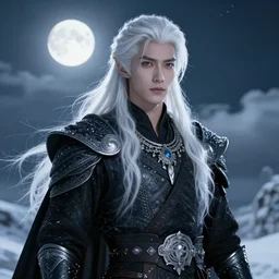 portrait, beautiful male elf, long wavy white hair, super detailed, light black armor with silver accenting, silver jewelry, cape, 8 k, cinematic, backlight, octane render, moonlight, snow, clouds, artstation, greg rutkowski, rossdraws, william bouguereau, sharp focus
