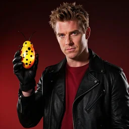 nathan fillion holding a firefly bug, comic book, black, red, yellow