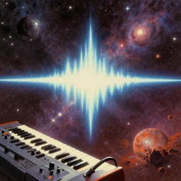 grainy vintage 70s retrofuturist autochrome airbrush illustration of a vast cosmic landscape summoned by the harmonic waveform sounds of a synthesizer