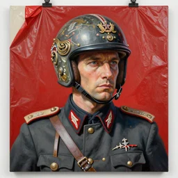 portrait of a third reich soldier in ornate lasercore intricate artwork masterpiece motorcycle dirt helmet, background red plastic bag, rich deep colors, ultra detail, by francis bacon, james ginn, petra courtright, jenny saville, gerhard richter, zdzislaw beksinski, takato yamamoto, masterpiece, smooth shadows, ultra detail, fashion studio lighting, 3 5 mm