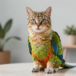 a photo of a cat parrot hybrid, sitting on a table, 4k, highly detailed, sharp focus