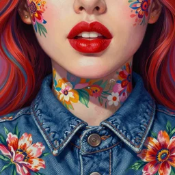 hyper detailed masterpiece, red lipstick, floral pattern, jean giraud, digital art painting, matte painting, beautiful, psychedelic, artgerm, donato giancola, tom bagshaw