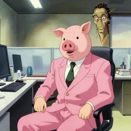 a man wearing a pink suit and a pink pig mask sitting in an office, film still from the an anime directed by Katsuhiro Otomo with art direction by Salvador Dalí, wide lens